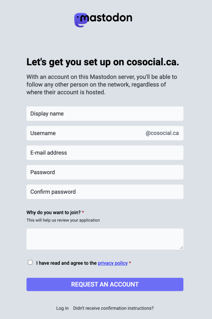 Screenshot of the popup for Mastodon Signup, grey background with text boxes and a purple button.